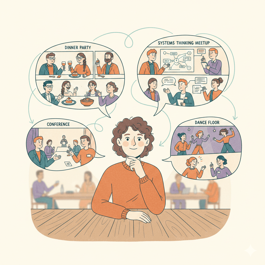 A stylized illustration showing someone at a workshop, surrounded by familiar faces in speech bubbles or thought clouds — the same faces appearing at different events: a dinner party, a systems thinking meetup, a dance floor. Comic-style panels showing recognition dawning.