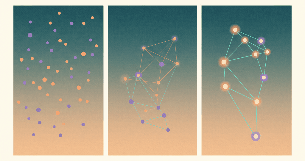 A constellation map where dots (people) gradually form a recognizable pattern, like stars forming a constellation. Show progression from scattered dots to connected network to coherent shape.