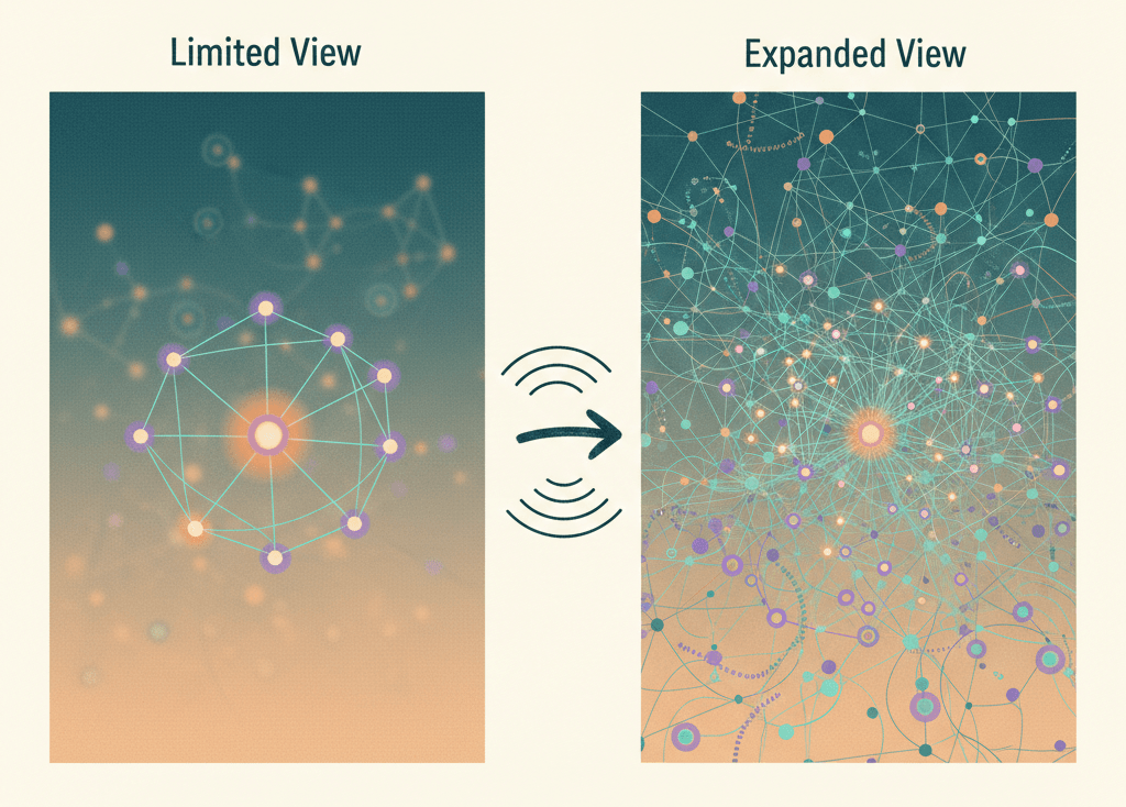 A split image showing the same scene map. On the left: someone's limited view — just their immediate connections. On the right: zooming out to reveal the entire interconnected web, with their position in context. Maybe use a fractal-like visual to suggest layers of awareness.