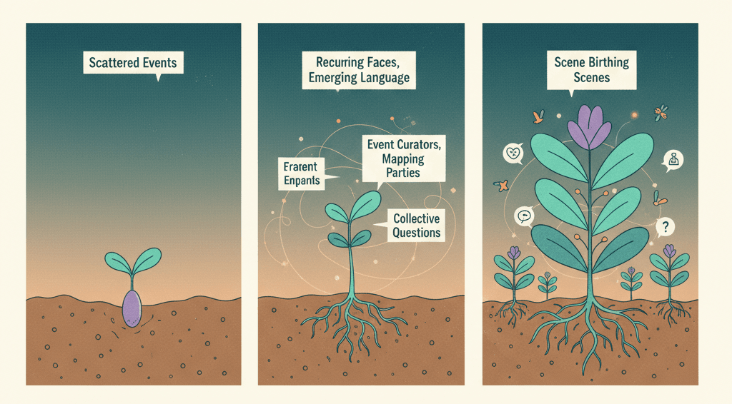 An organic visual metaphor showing developmental stages — perhaps a seed to sprout to young plant to mature ecosystem. Each stage labeled with scene characteristics: scattered events, recurring faces and emerging language, event curators and mapping parties and collective questions, scene birthing scenes.