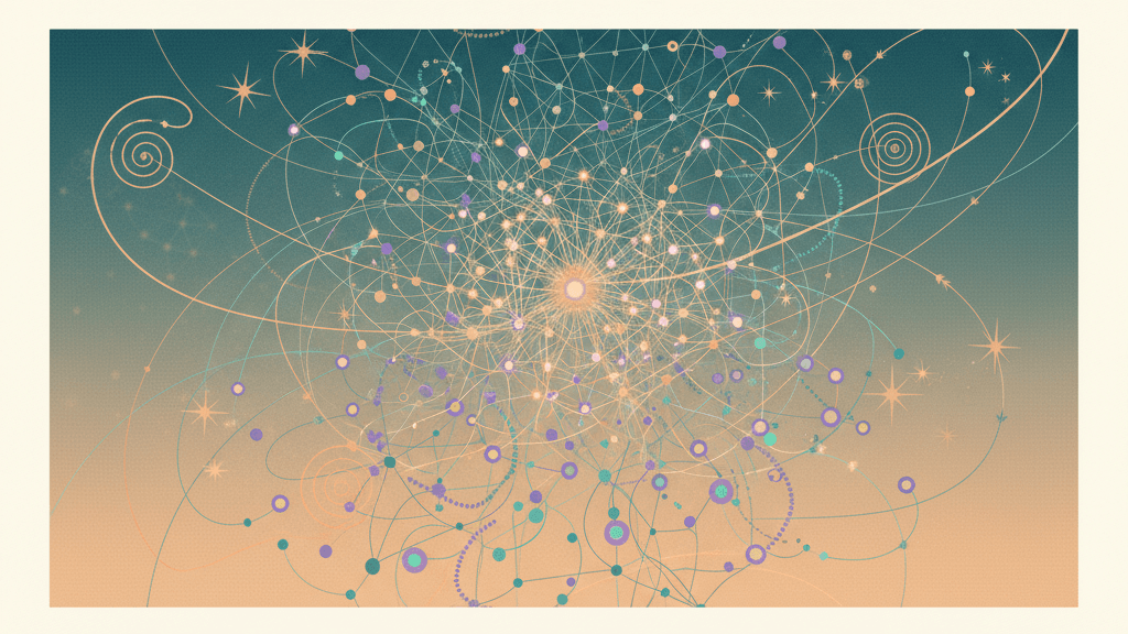 A vibrant network visualization showing the flows and products of a generative scene — ideas circulating as glowing paths, collaborations forming as nodes connecting, new possibilities emerging as branching light. Incorporate visual elements suggesting movement and flow.