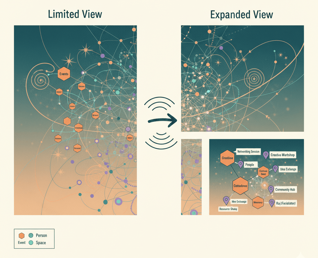 A scene map from SceneMapper.ca showing the web of connections — events (different colored nodes), people (dots), spaces (landmarks), with relationship lines between them. Include both a zoomed-out full view and a zoomed-in detail showing the richness of local connections. Make it feel inviting, not overwhelming.