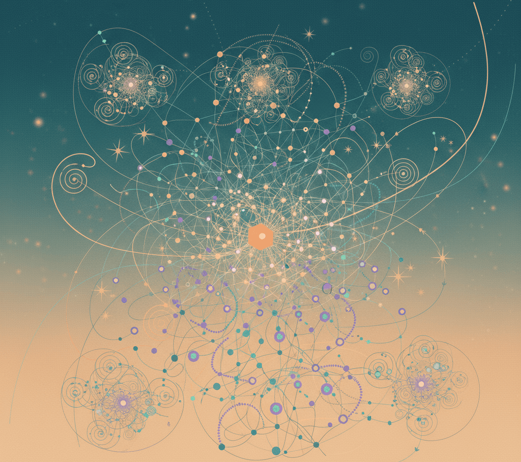 A final expansive image showing multiple scenes interconnecting — like a fractal network or ecosystem view. Zoom out from a single scene map to reveal it's part of a larger web of scenes, each with their own patterns and connections. The feeling should be inspiring and generative — not overwhelming but full of possibility.